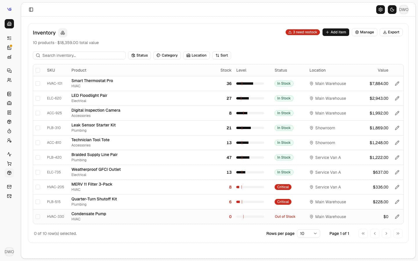 VadosStack inventory management screen showing stock levels, locations, and restock alerts